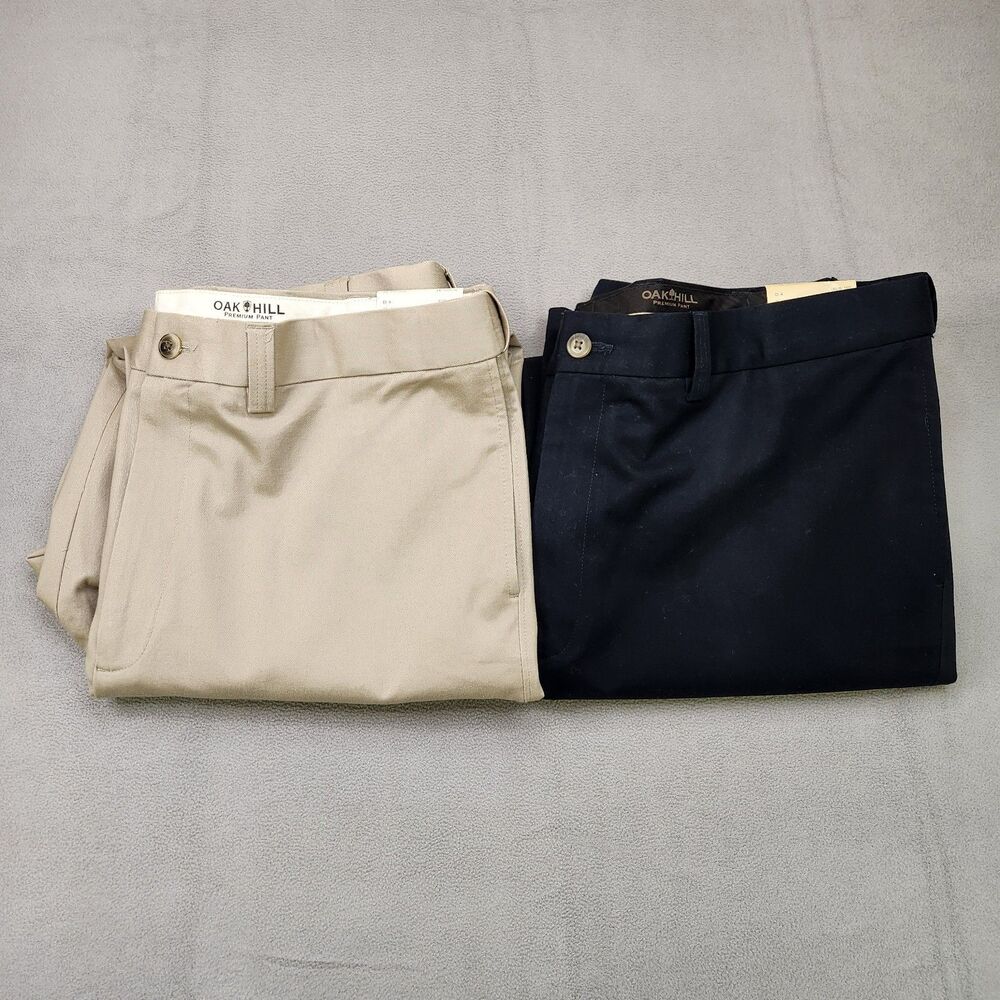 Oak Hill Premium Pants Men's 42x32 Beige Navy Lot Of 2 Flat Straight Khakis‎ NWT